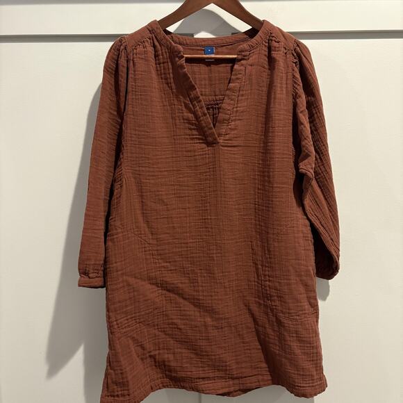 Old Navy Dress Womens Medium Brown Long Sleeve Textured Gauze Tunic Pockets Fall - Picture 1 of 11